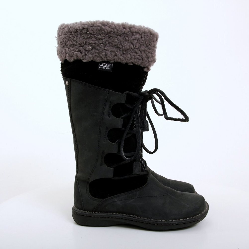 UGG Torrey Shearling Leather Suede‎ Lace Up Boots Black Women 6